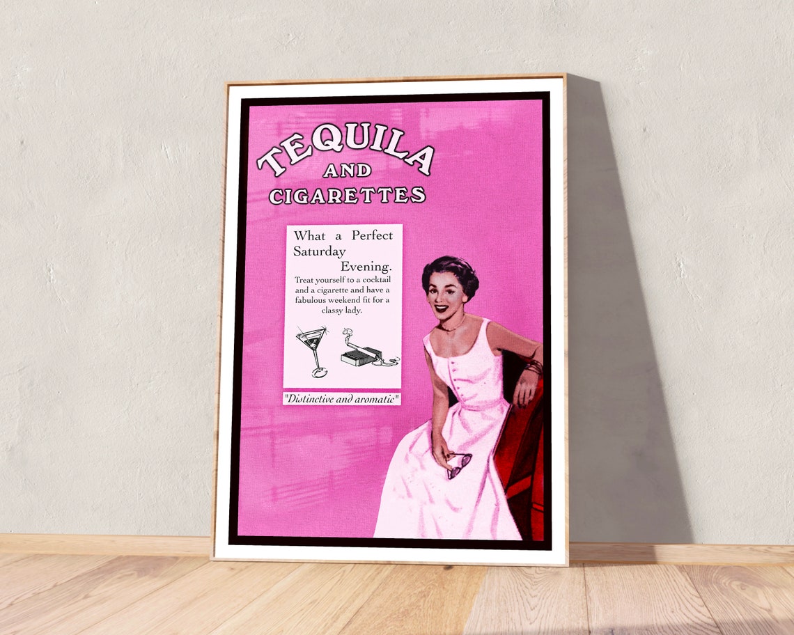 Tequila and Cigarettes Pink Retro Vintage Ad Style Bold Poster - Image 3