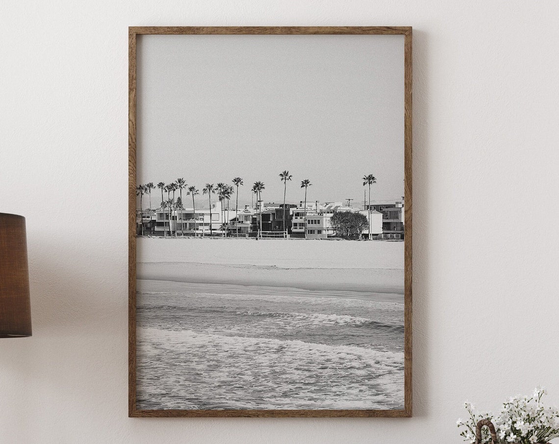 Venice Beach Palm Trees Ocean Black and White Beach Photo Print