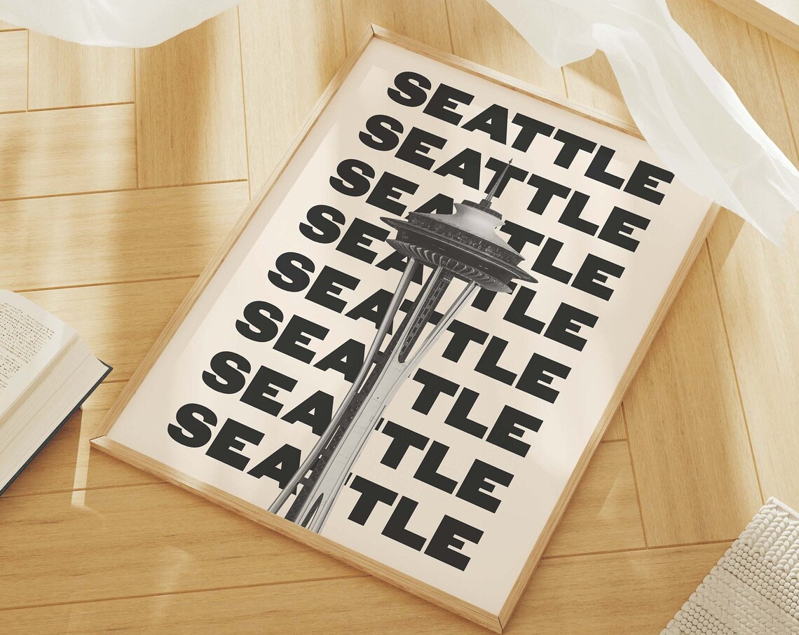 Seattle Space Needle Black White Bold Typography Travel Poster