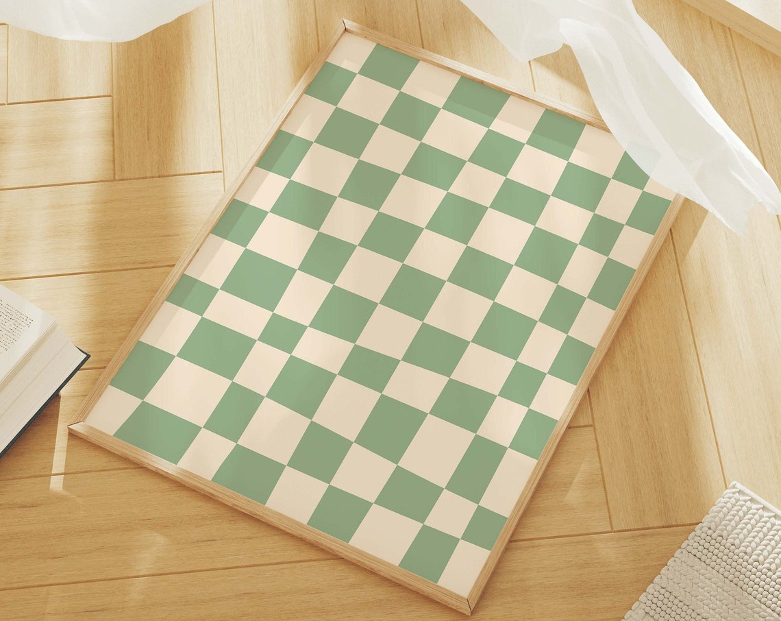 Green And White Abstract Print Art Trendy Checkered Print 70s Retro Art Cute Trendy Wall Art - Image 6