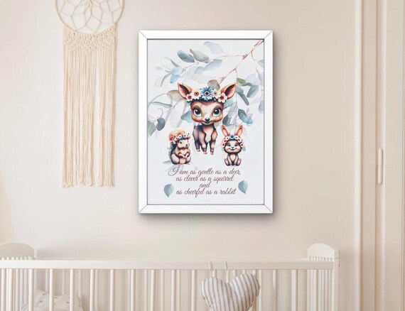 Cute Deer Squirrel Rabbit English Affirmation Nursery Poster