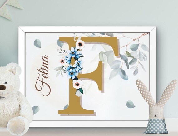 Personalized Felina Gold Letter F Floral Nursery Name Poster