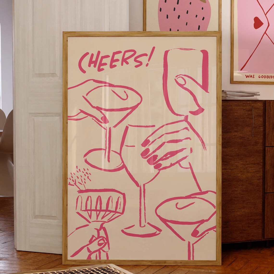 A Hand Drawn Pink Cheers Cocktail Toast Line Art Party Poster