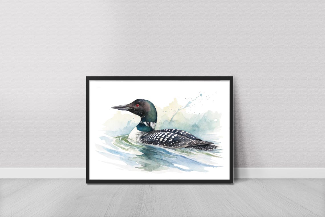 Common Loon Watercolor Bird Art Print Swimming Lake Nature Wall Decor