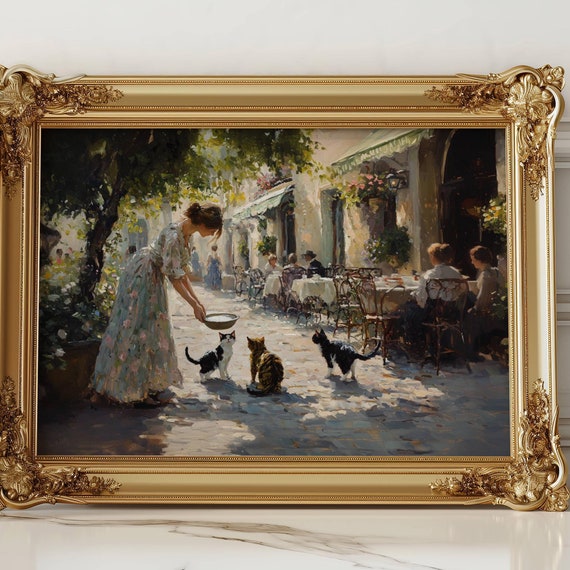 Woman Feeding Cats at Outdoor Cafe, Impressionist Art Print