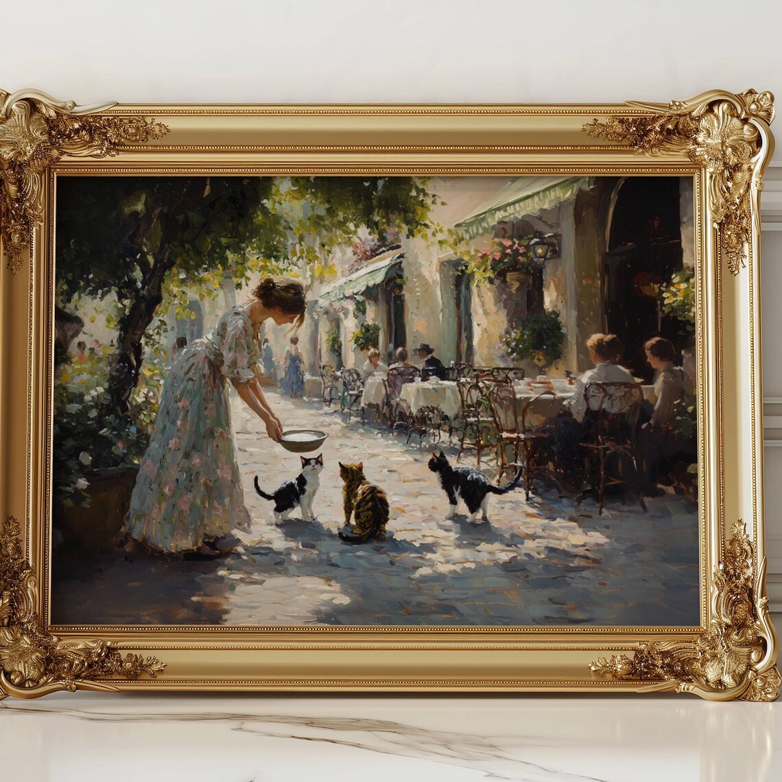 Woman Feeding Cats at Outdoor Cafe, Impressionist Art Print