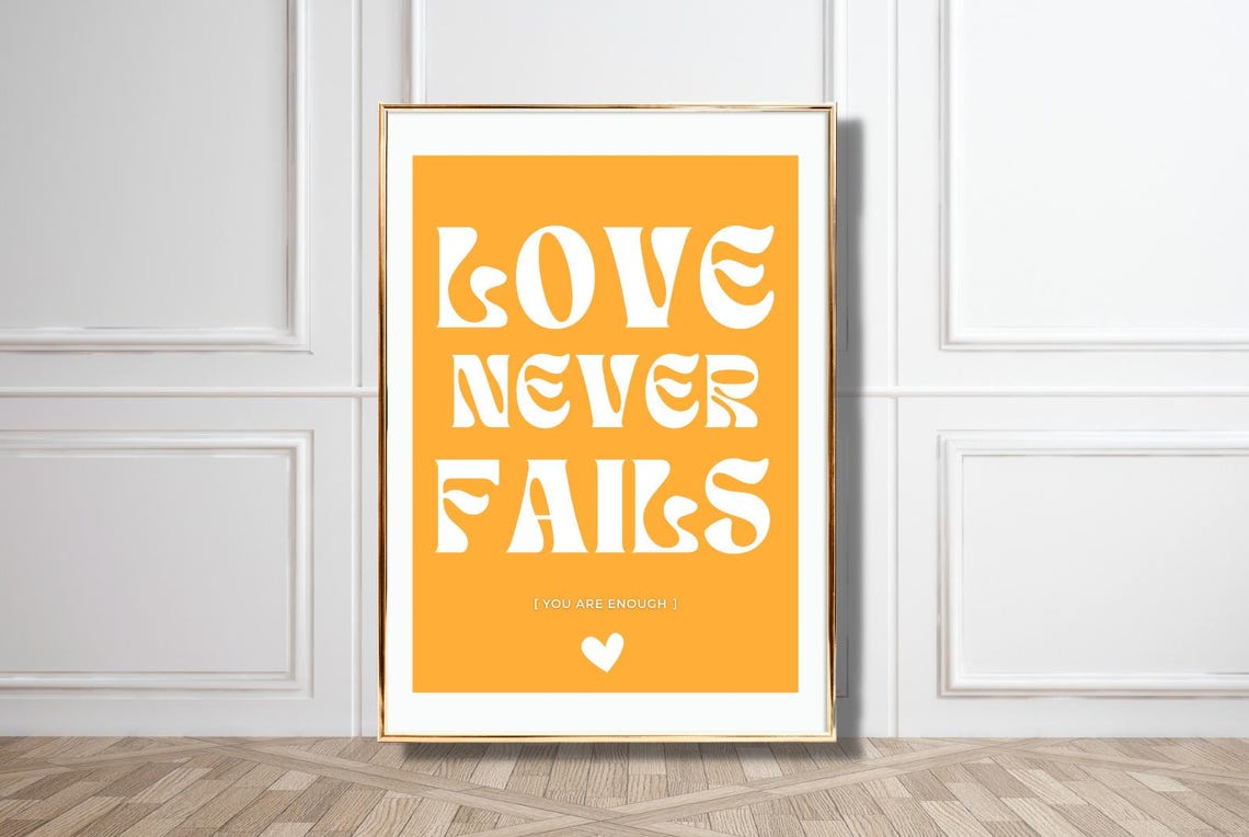 Love Never Fails Golden Yellow White Retro Typography Quote Poster