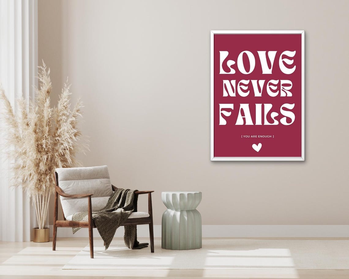 Love Never Fails Burgundy White Retro Typography Heart Quote Poster - Image 3
