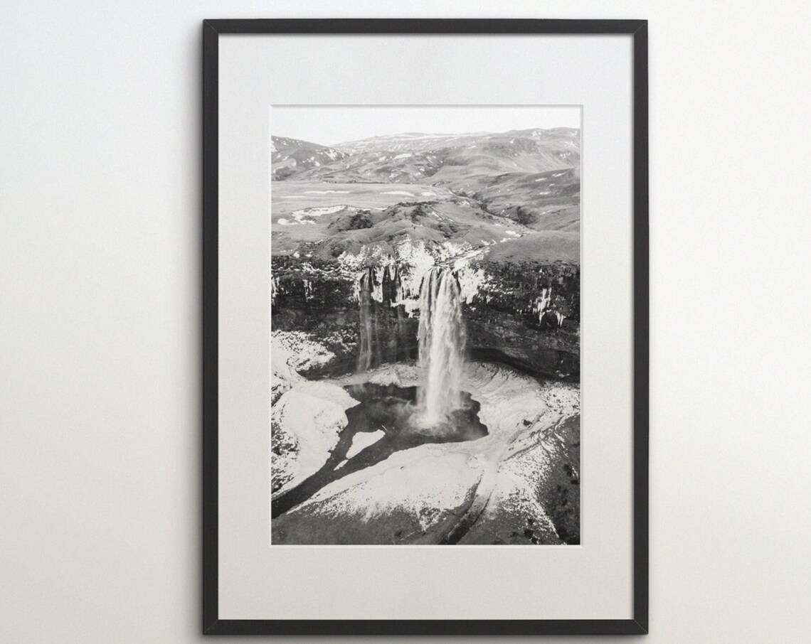 Iceland Waterfall Pouring Over a Cliff Edge Black White Landscape Photo Poster