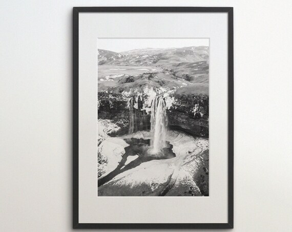 Iceland Waterfall Pouring Over a Cliff Edge Black White Landscape Photo Poster