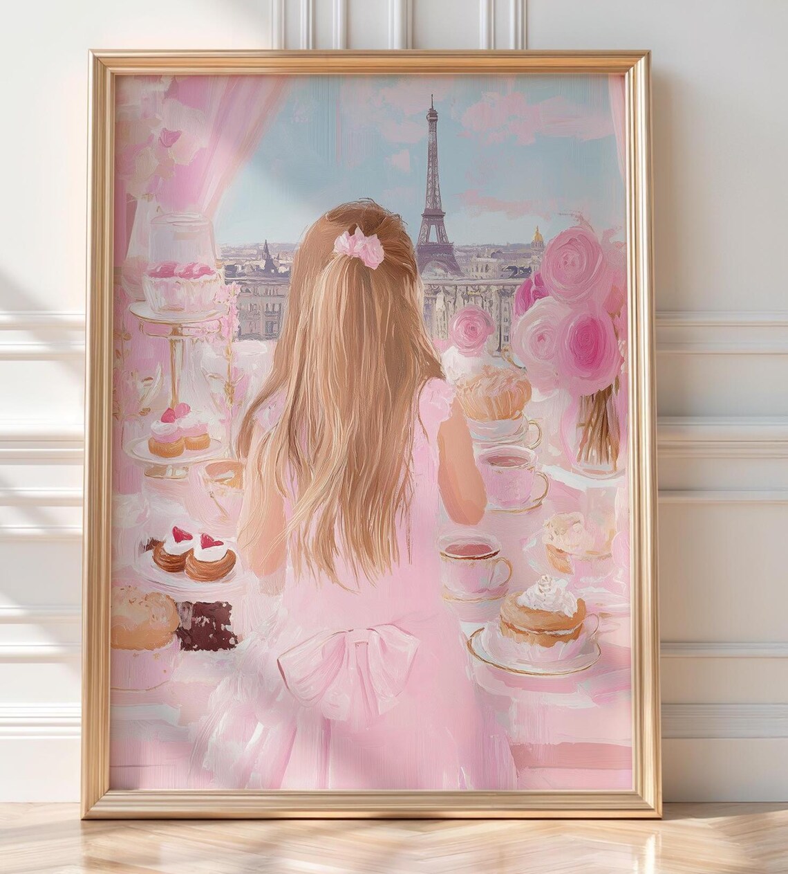 Paris Tea Party Blonde Girl Eiffel Tower Pink Party Art Poster