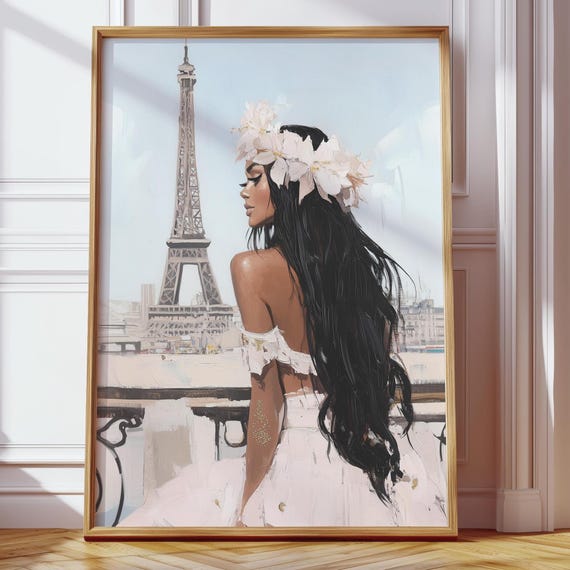 Dark Skinned Black Haired Woman Paris Wall Art Eiffel Tower Neutral Glam Fashion Illustration Romantic Parisian Decor