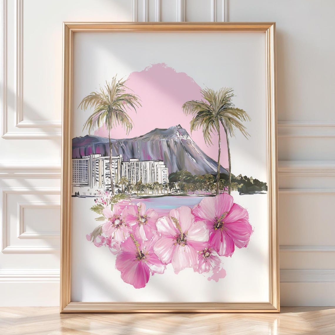 Hawaii Diamond Head Beach Pink Hibiscus Tropical Travel Poster