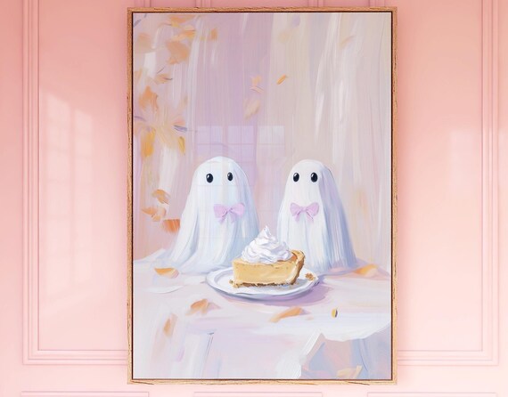 Ghosts Eating Pumpkin Pie Wall Art Pastel Pink Coquette Cute Spooky Fall Decor Girly Bow Painting