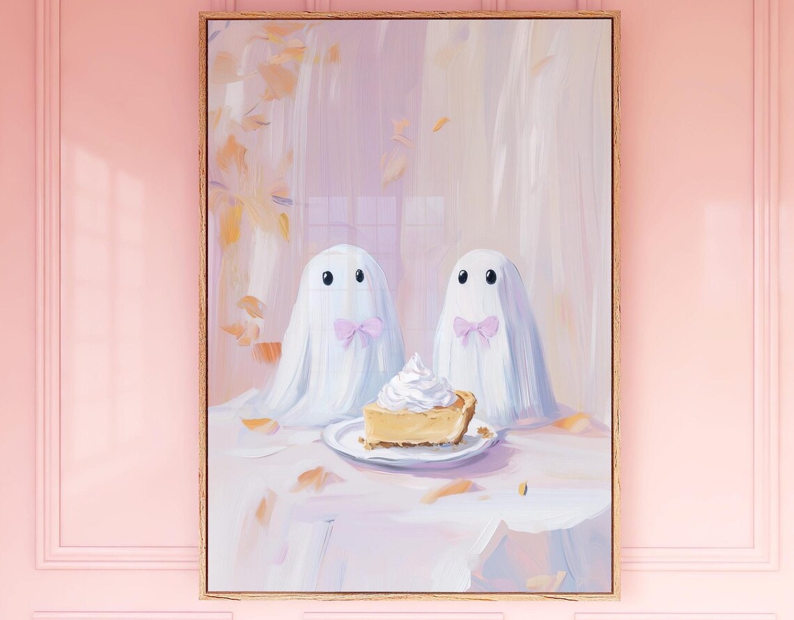 Ghosts Eating Pumpkin Pie Wall Art Pastel Pink Coquette Cute Spooky Fall Decor Girly Bow Painting