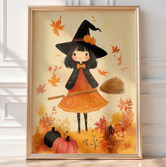 Cute Witch Girl Halloween Art Pumpkin Wall Fall Decor Autumn Leaves Scene Poster