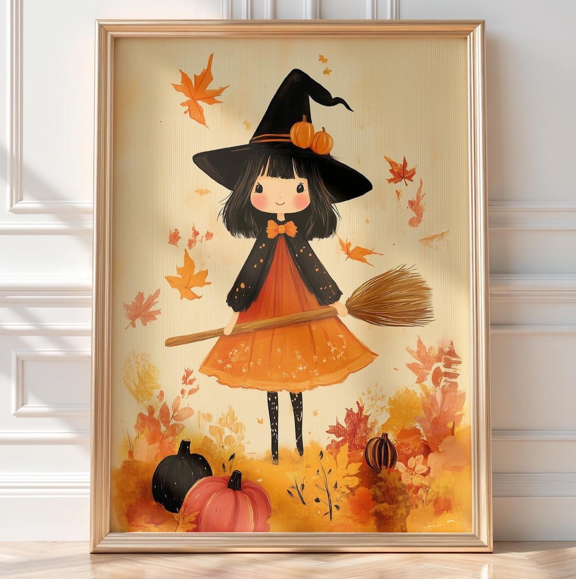 Cute Witch Girl Autumn Painting With Pumpkin Broom Orange Leaf Wall Art