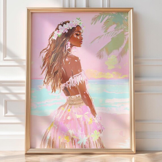 Dreamy Island Hula Beach Girl Flower Crown Pink Tropical Art Poster