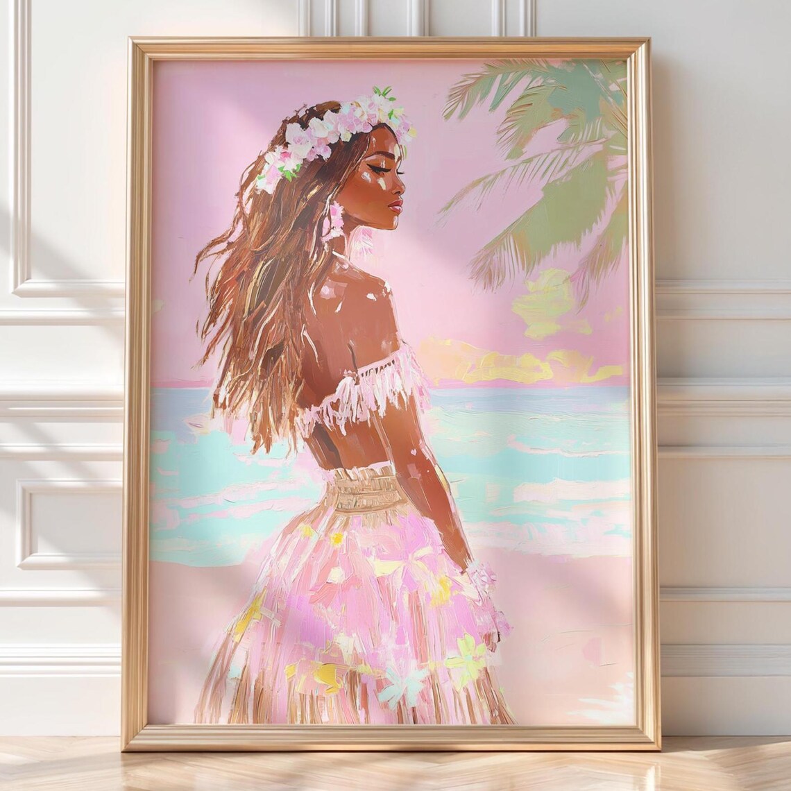 Dreamy Island Hula Beach Girl Flower Crown Pink Tropical Art Poster