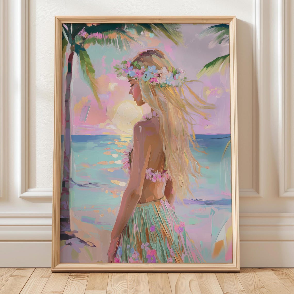 Blonde Hula Girl Beach Sunset Tropical Hawaii Aloha Art Poster