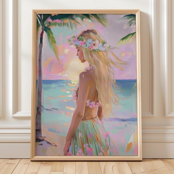 Blonde Hula Girl Beach Sunset Tropical Hawaii Aloha Art Poster