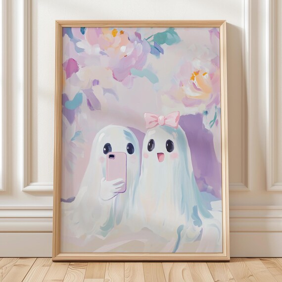 Cute Ghosts Taking Selfie Wall Art Pastel Halloween Coquette Girly