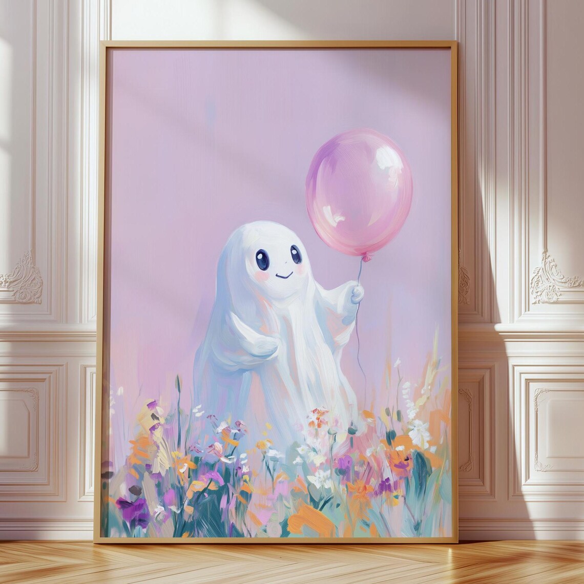 Cute Ghost Pink Balloon Poster Pastel Halloween Girly Whimsical Floral
