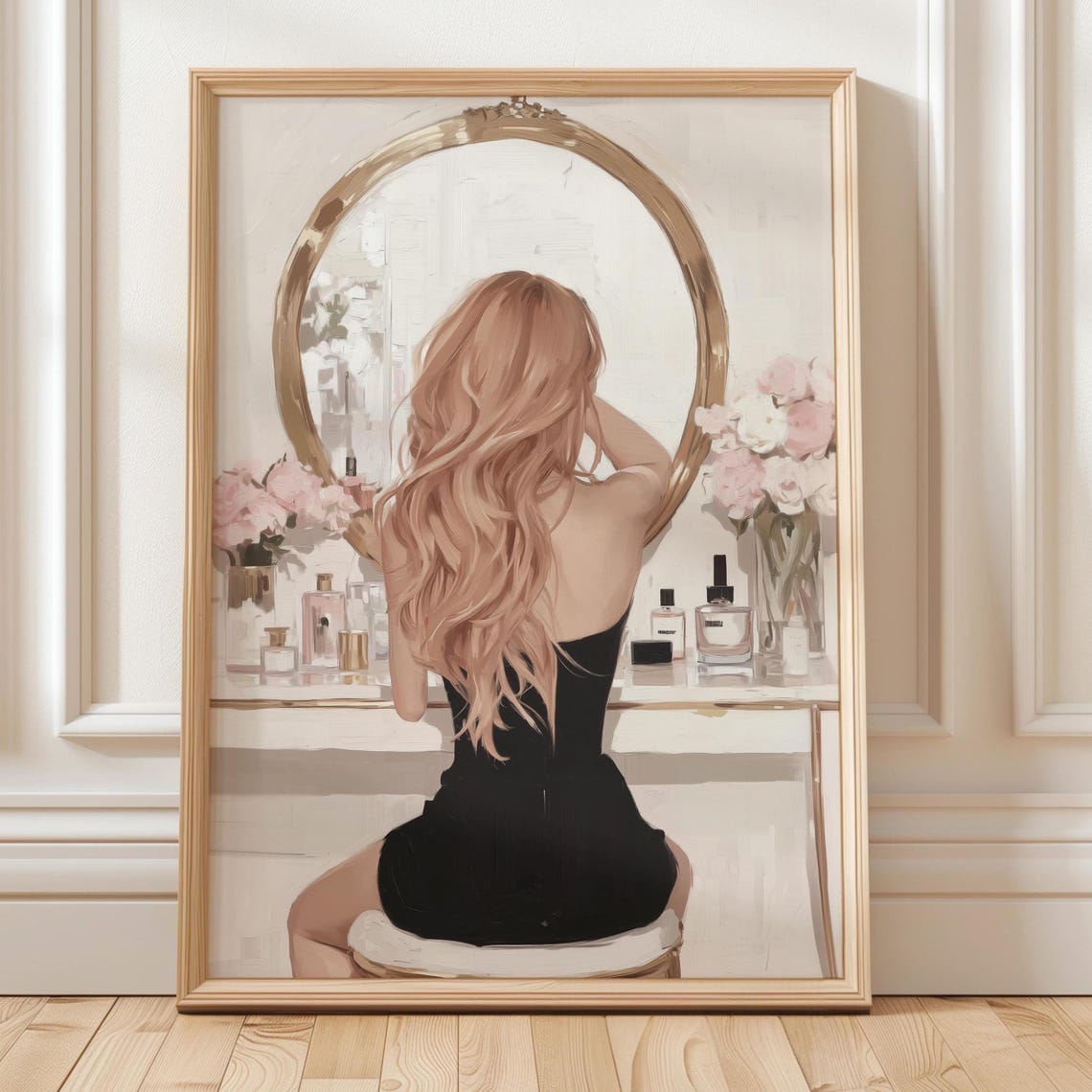 Blonde Woman at Vanity Mirror Black Dress Beauty Room Poster