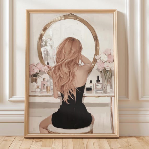 Redhead Woman Vanity Wall Art Neutral Glam Beauty Room Illustration Girly Makeup Lover Artist Gift