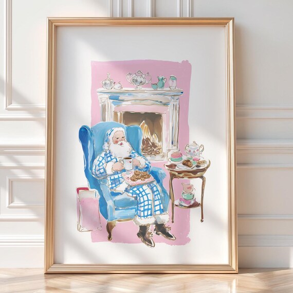 Santa Pajama Party Christmas Art Print Cozy Fireplace Tea Grandmillennial
