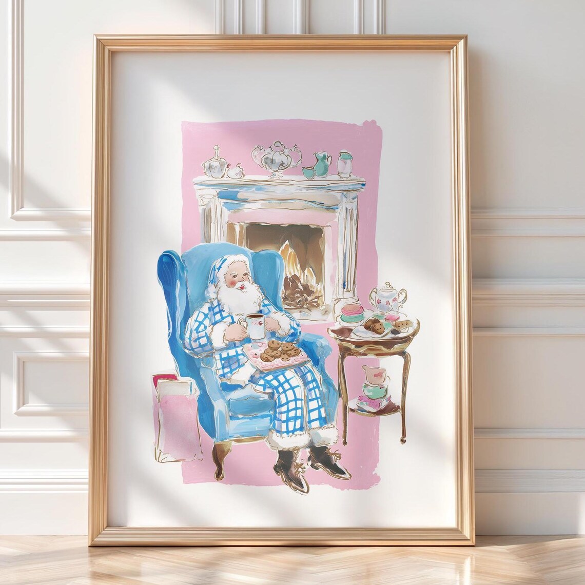 Santa Pajama Party Christmas Art Print Cozy Fireplace Tea Grandmillennial