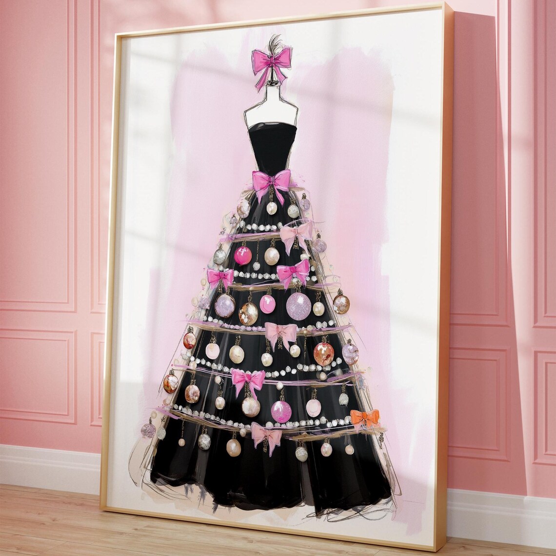 Black Dress Christmas Tree Fashion Art Print Pink Ornaments Glam Style