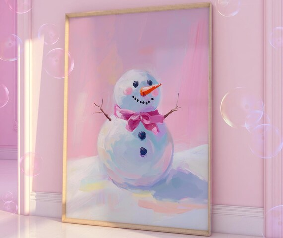 Pink Snowman Christmas Poster Print, Pastel Decor