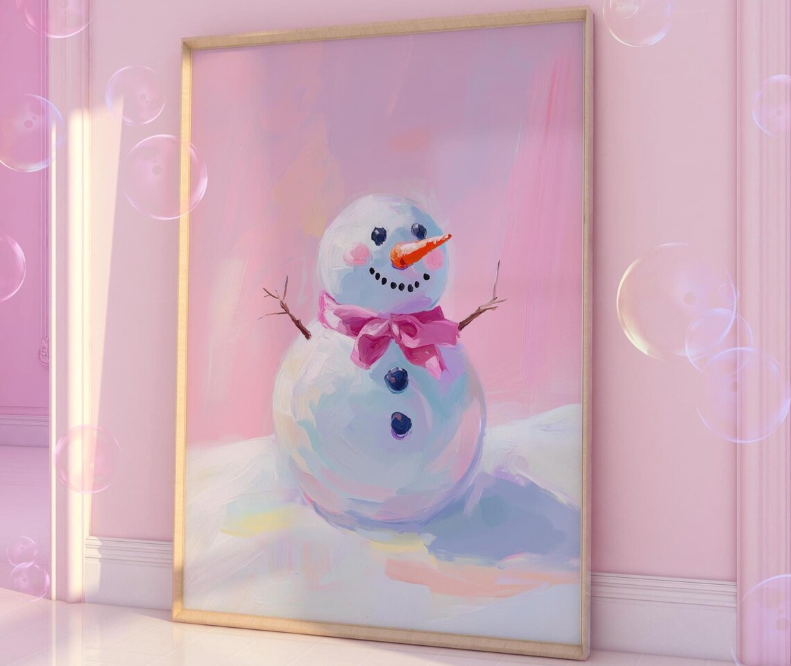 Pink Snowman Christmas Poster Print, Pastel Decor