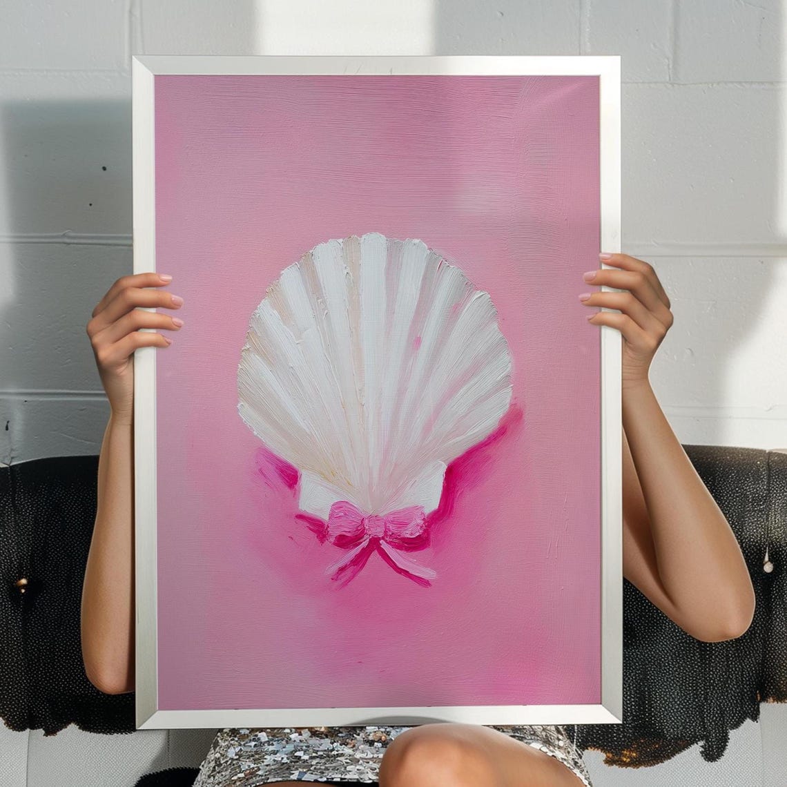 Pink Seashell With Bow Coastal Beach Feminine Shell Decor Poster