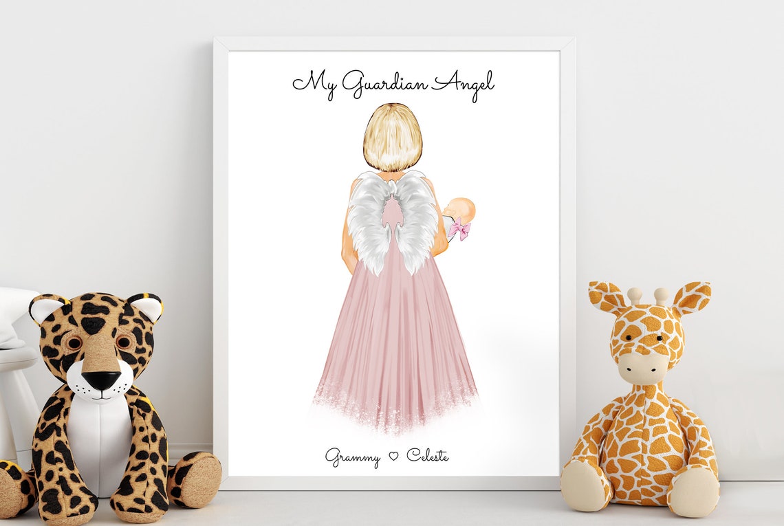 Personalized Grandma Baby Portrait Art Newborn Nursery Gift Grandmother Granddaughter Grandson Angel Present Grandma Grandchild Art