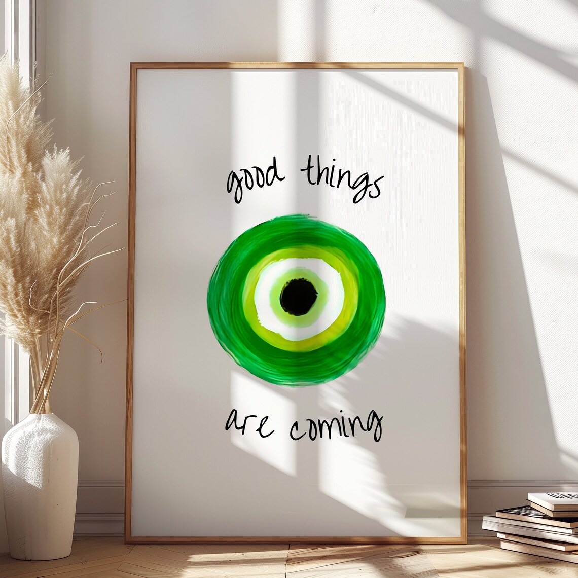 Good Things Are Coming Green Evil Eye Watercolor Quote Wall Art