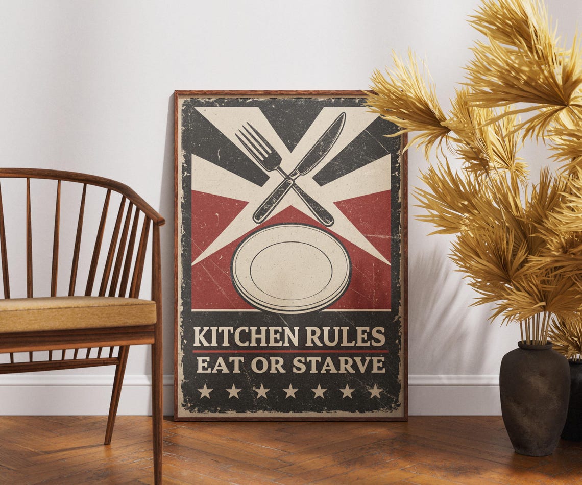 Kitchen Rules Poster Eat Or Starve Retro Wall Art Funny Decor Vintage Dining Room Print Trending