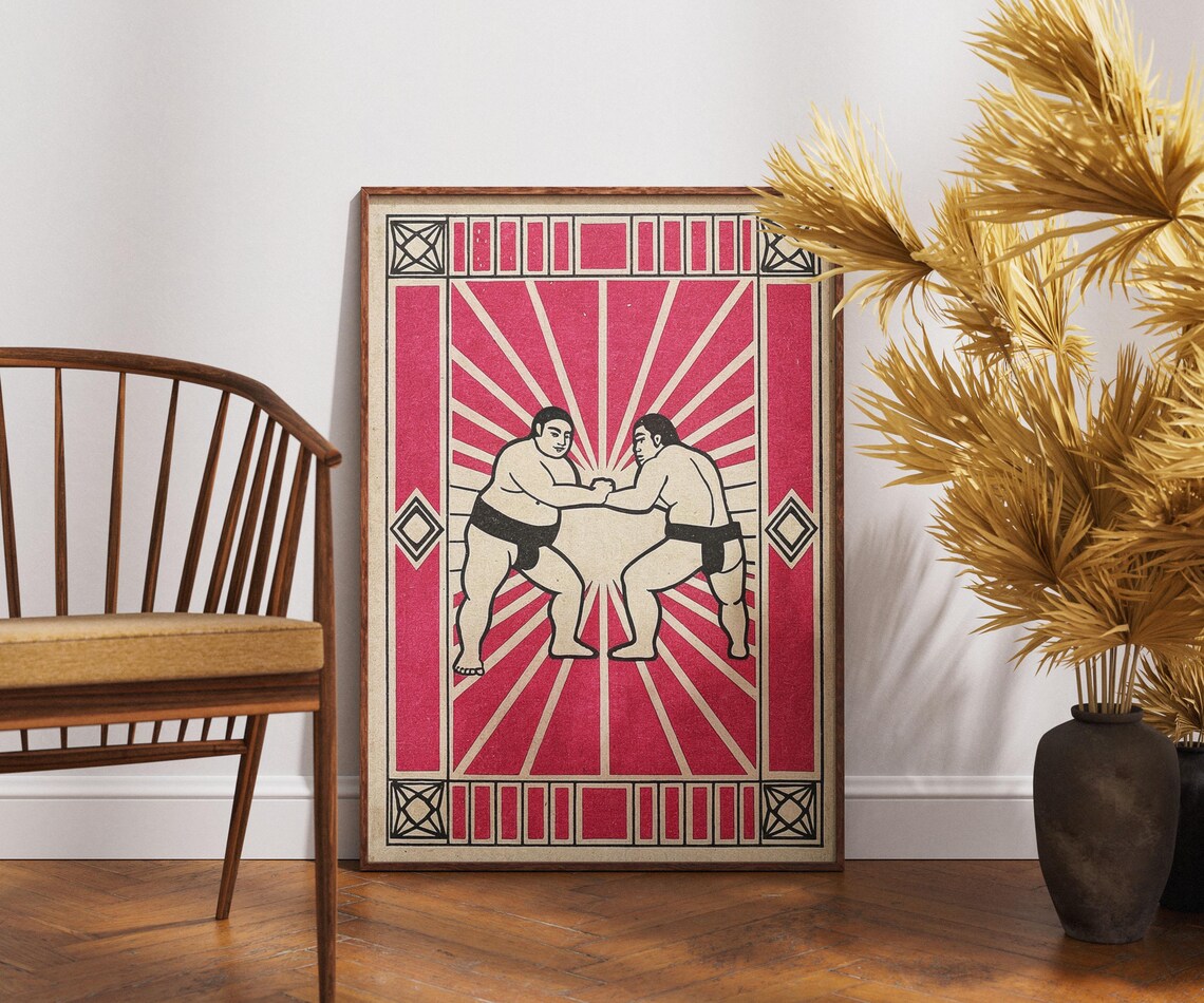 Sumo Wrestlers Matchbox Poster Japanese Wrestling Red Retro Sports Art