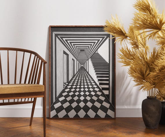 Optical Illusion Hallway Print Black And White Surreal Architecture Poster Checkered Floor Wall Art Mindbending Stair Decor