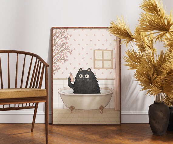 Black Cat Relaxing In Clawfoot Bathtub Pink Floral Bathroom Poster