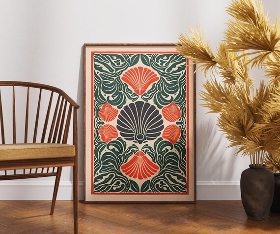 Vintage Seashell Mosaic Linocut Ocean Scallop Retro Coastal Poster