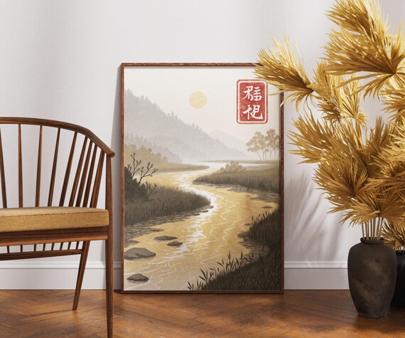 Golden River Valley Mountain Sunrise Japanese Landscape Serene Art Poster
