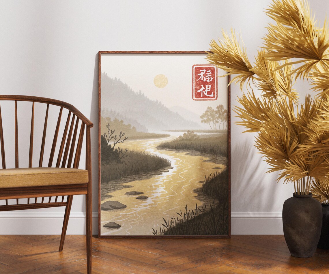 Golden River Valley Mountain Sunrise Japanese Landscape Serene Art Poster