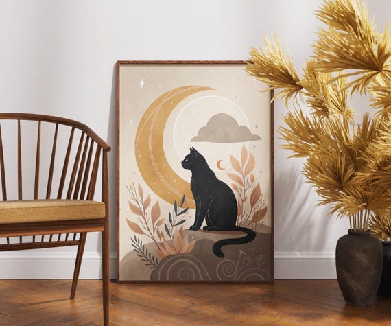 Mystical Black Cat Wall Art Crescent Moon Print Celestial Poster Boho Witchy Decor Night Sky Botanical Illustration