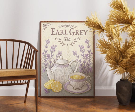 Vintage Earl Grey Tea Poster Retro Room Wall Art Classic Lover Decor Midcentury Kitchen Print Drink