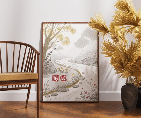 Japanese Spring Path Art Print Peaceful River Landscape With Golden Trees And Flowers Tranquil Nature Wall Decor Zen Garden Artwork