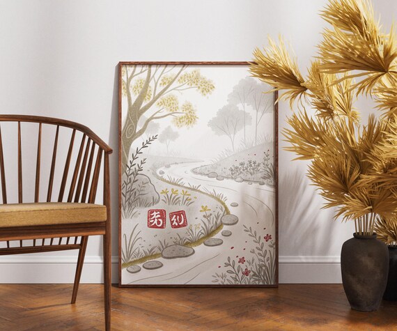 Japanese Spring Path Winding Stream Stepping Stones Floral Landscape Poster