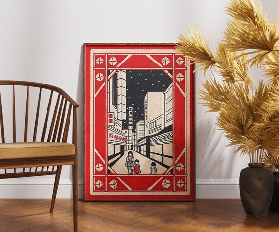 Vintage Japanese Matchbox Art Night City Street Red Border Poster