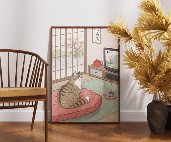 Cozy Tabby Cat Watching Tv Art Japandi Home Wall Print Cute Japanese Interior Decor Minimalist Calm Poster Tea Time Kitty